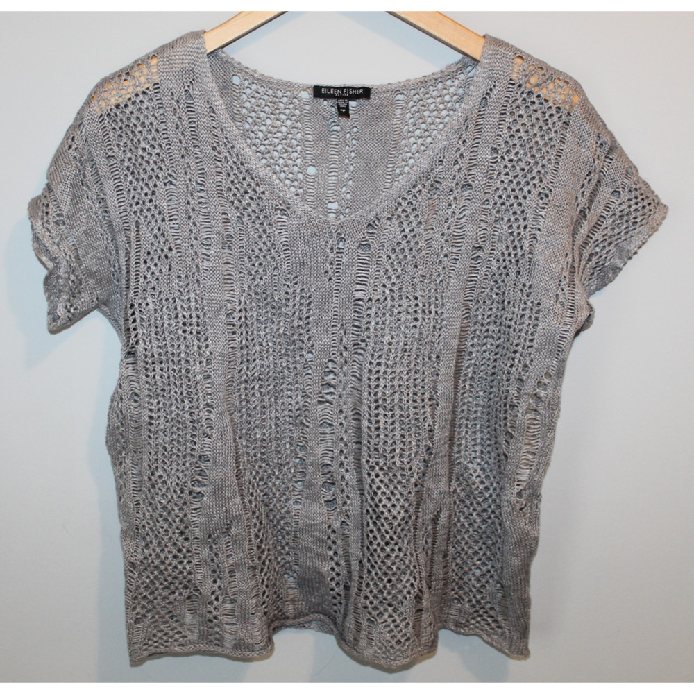 Eileen Fisher Open Knit V-Neck Short Sleeve Sweater Linen Metallic PP Petite Top - Picture 8 of 16